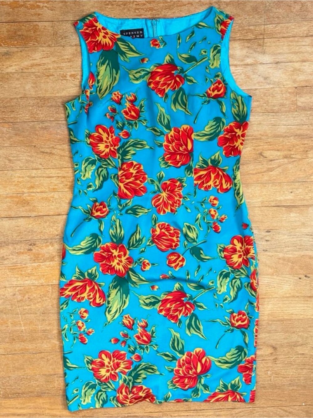Vintage Floral Print Sleeveless Dress Size Medium Bright Blue Summer Sundress